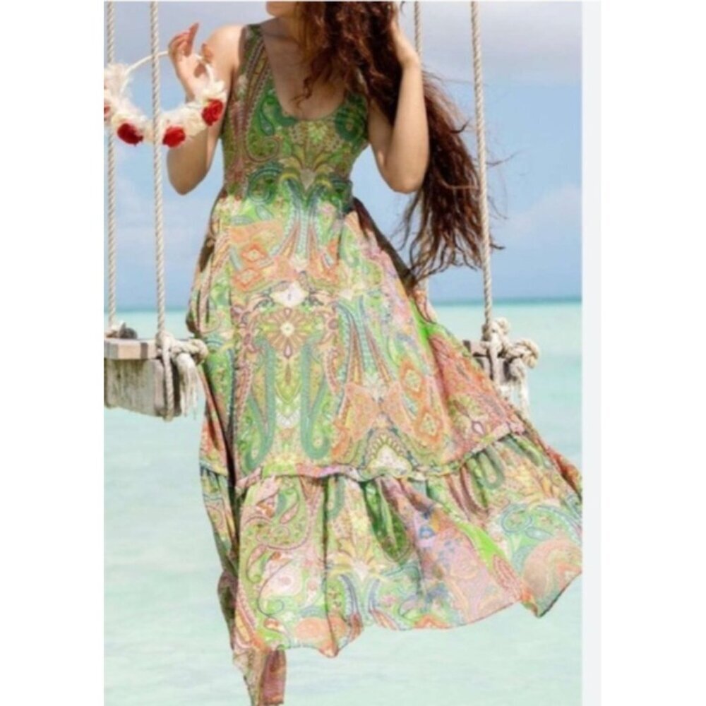 MNG Mango Paisley Maxi Dress Green Boho Sleeveless Tiered Summer Size S